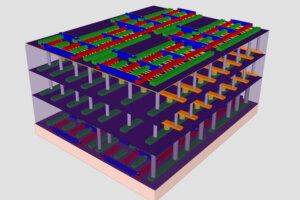 This illustration represents the four-layer prototype high-rise chip built by Stanford engineers. The bottom and top layers are logic transistors. Sandwiched between them are two layers of memory. The vertical tubes are nanoscale electronic “elevators” that connect logic and memory, allowing them to work together to solve problems. Credit: Max Shulaker, Stanford
