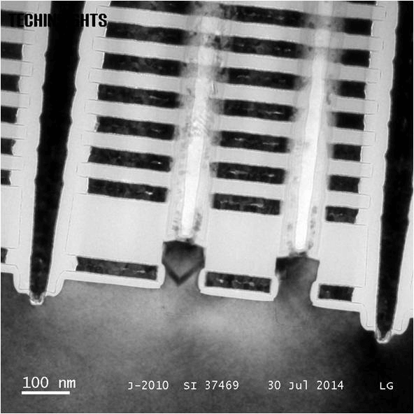 Figure 5; Cross-section TEM of Samsung’s 86 Gbit 32-layer 2nd generation V-NAND at the bottom of the stack (courtesy Techinsights). 