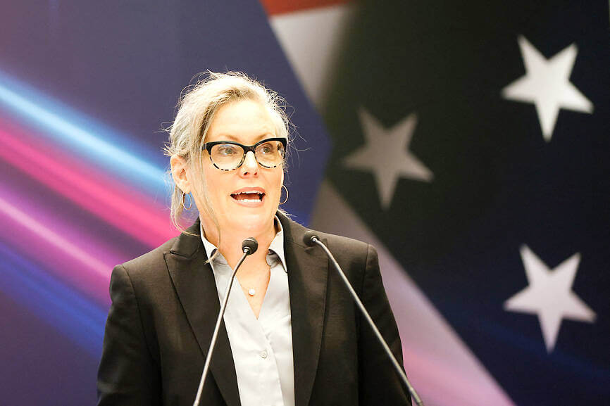 Feature Photo: Arizona Governor Katie Hobbs speaks at the US Business Day forum in Taipei yesterday. Photo Credit: Carlos Garcia Rawlins, Reuters