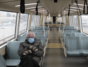 Berkeley City Council member Rigel Robinson Photoshopped Bernie onto an empty BART train.