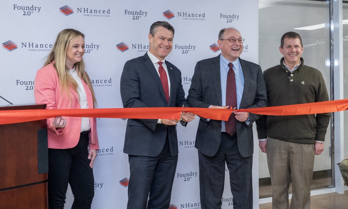 (left to right) Andrea Richter-Garry, senior IEDC VP, representing Indiana Governor Eric Holcomb; U.S. Senator Todd Young (R-IN); NHanced Semiconductors President Robert Patti; and Dr. Kyle Werner, NSWC Crane Deputy Technical Director