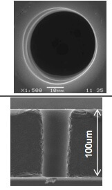 Figure 1: Results of s using CO₂ lasers to achieve 40µm diameter TGVs.