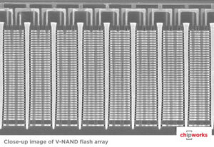 Figure 1:  Cross section of Samsung’s 86 Gbit 32-layer 2nd generation V-NAND (courtesy Chipworks).